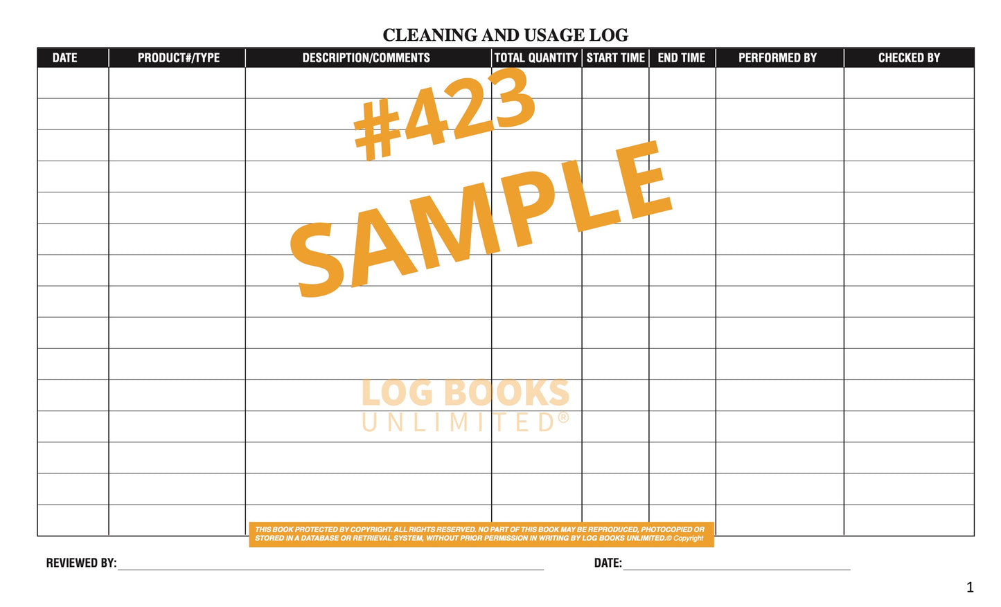 Cleaning and Usage Log Book #423 Sample Page 