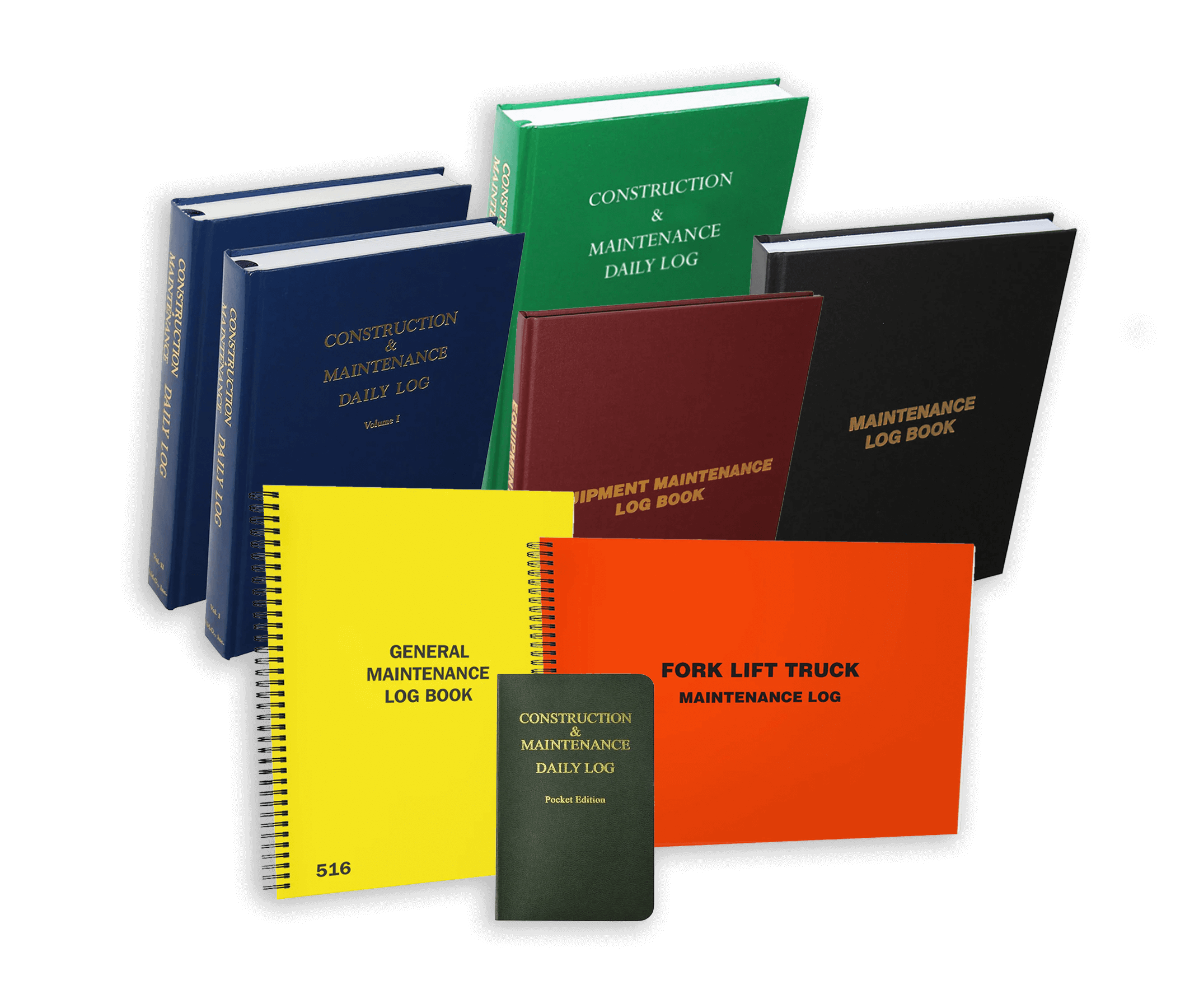 Assorted colorful construction log books