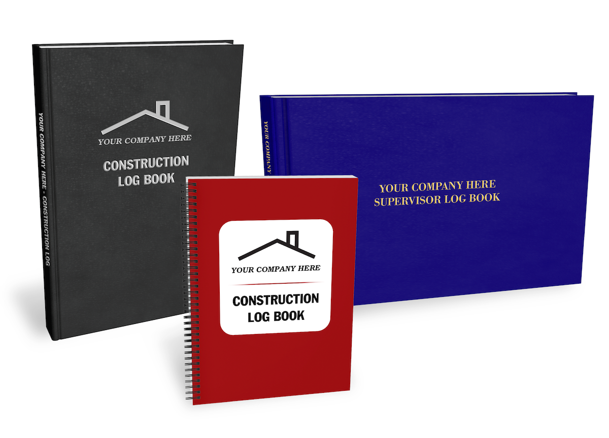 Three customizable construction log books in different styles. 
