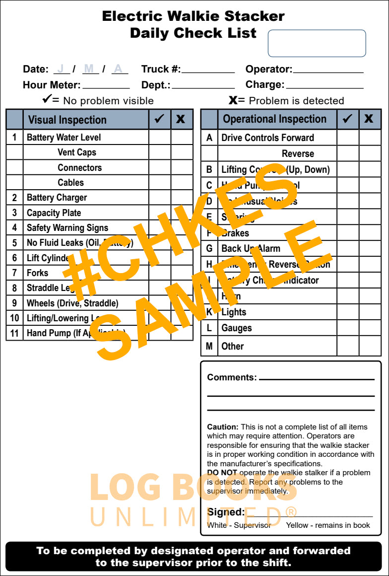 Electric Stacker - Replacement Checklist # CHKES – Log Books Unlimited