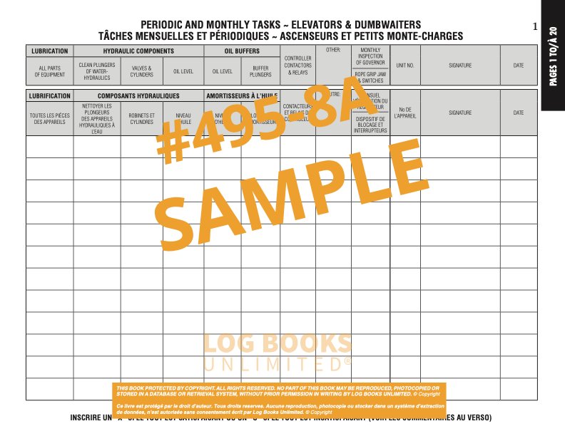 Elevating Devices Maintenance Log Book (Bi-lingual) #495-8A Sample Page