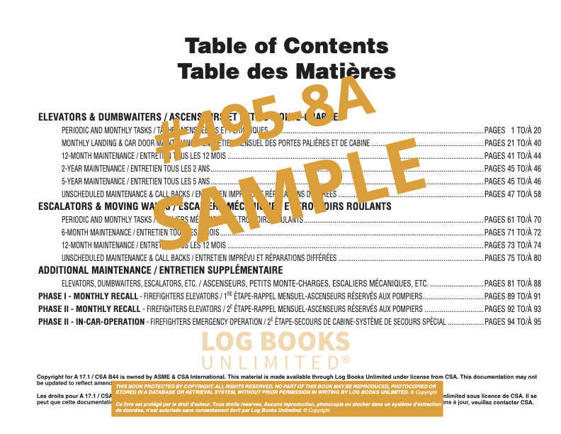 Elevating Devices Maintenance Log Book (Bi-lingual) #495-8A Table of Contents