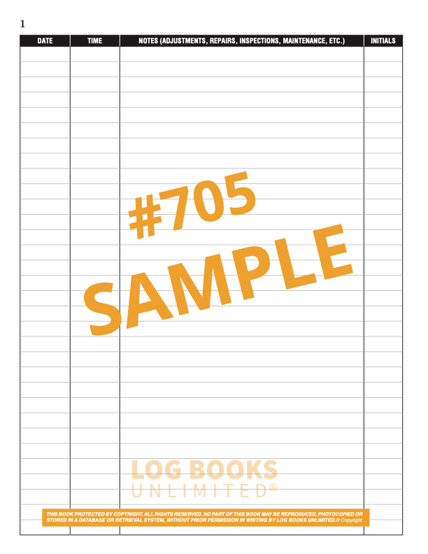 Equipment Maintenance Log Book #705 Sample Page