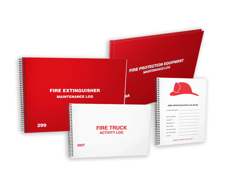 Red and white covered fire protection log books.