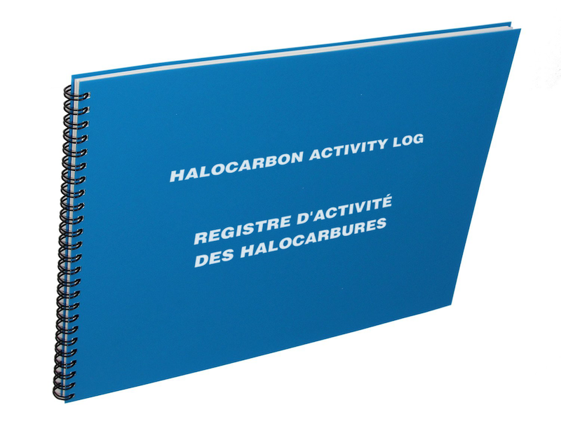a blue log book with the text 'halocarbon activity log' on the front. A french translation is also included.