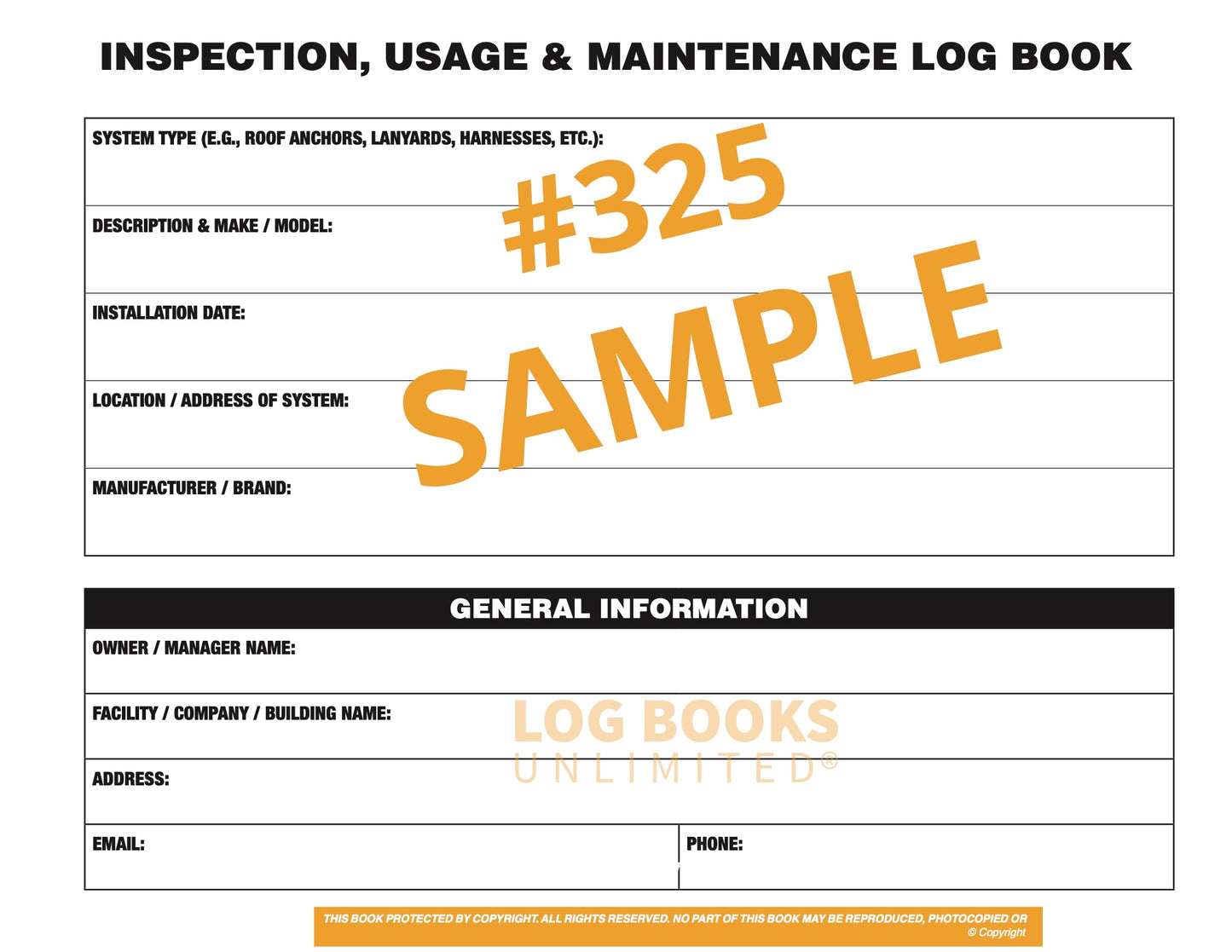 A sample page of the "INSPECTION, USAGE & MAINTENANCE LOG BOOK"