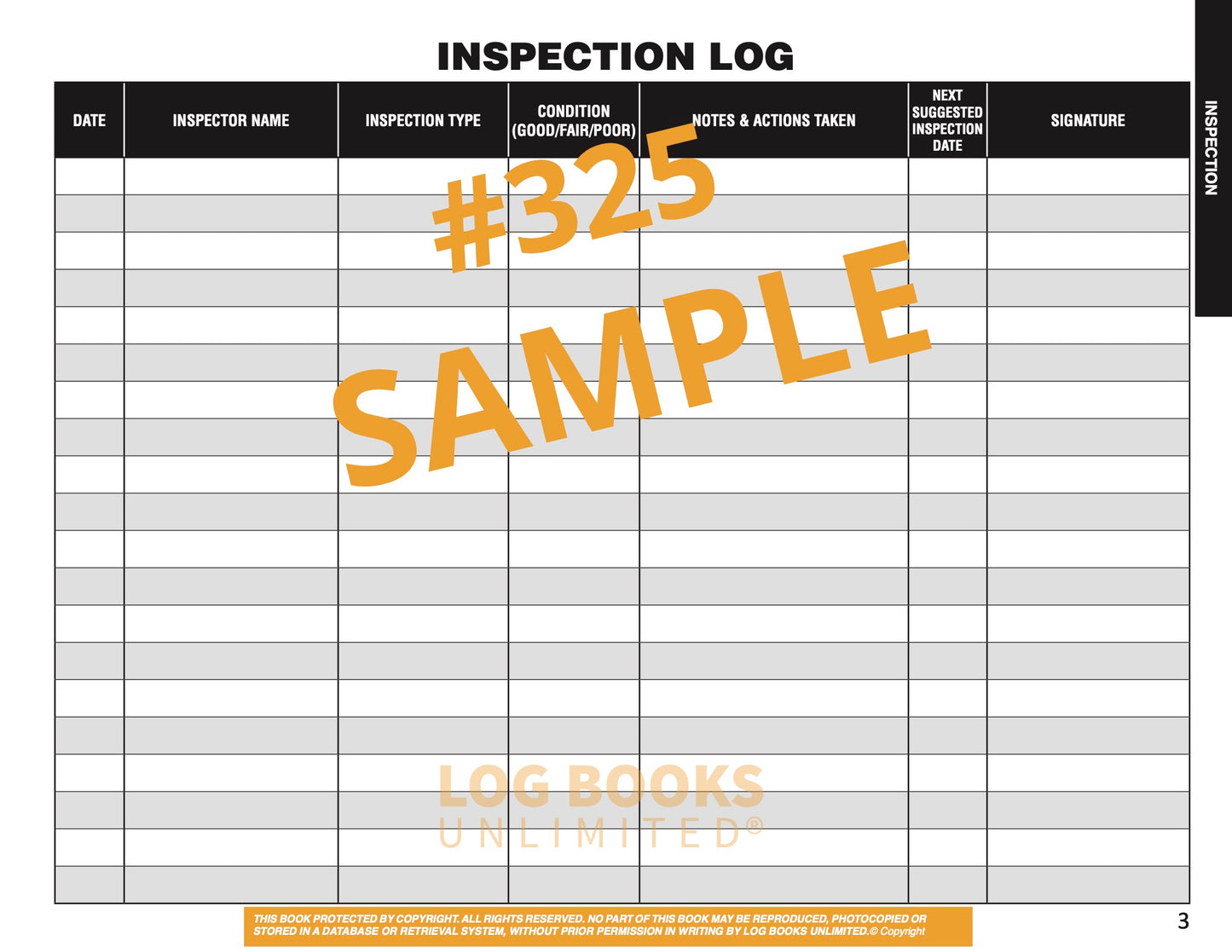 A sample page of the Inspection Log.