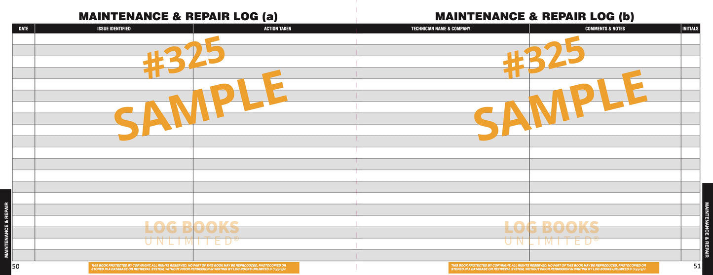 A sample page of the Maintenance and Repair Log.