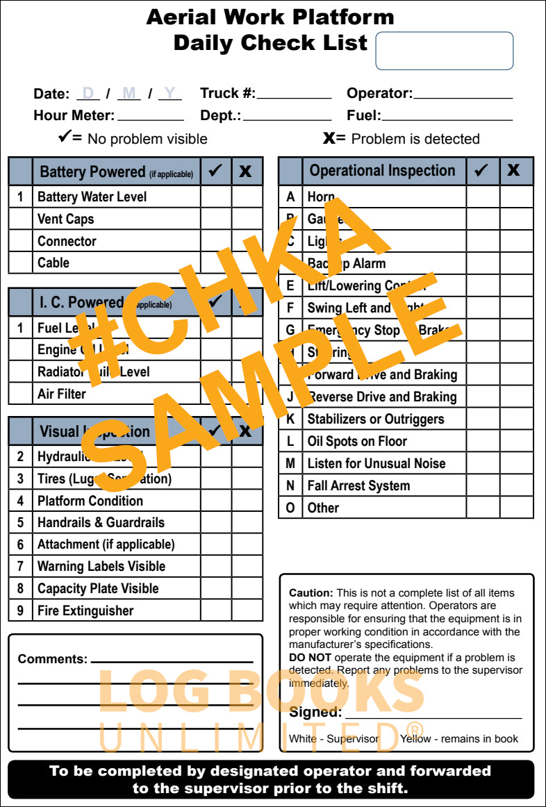 Mobile Elevated Work Platform (Man Lift/ Scissor Lift / Aerial Work Platform Lift) - Replacement Checklist # CHKA Sample Page