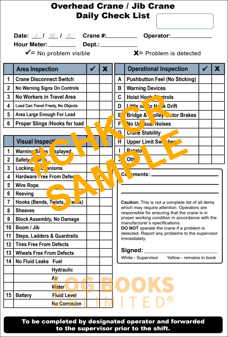 Overhead Crane / Jib Crane - Replacement Checklist # CHKCR Sample Page