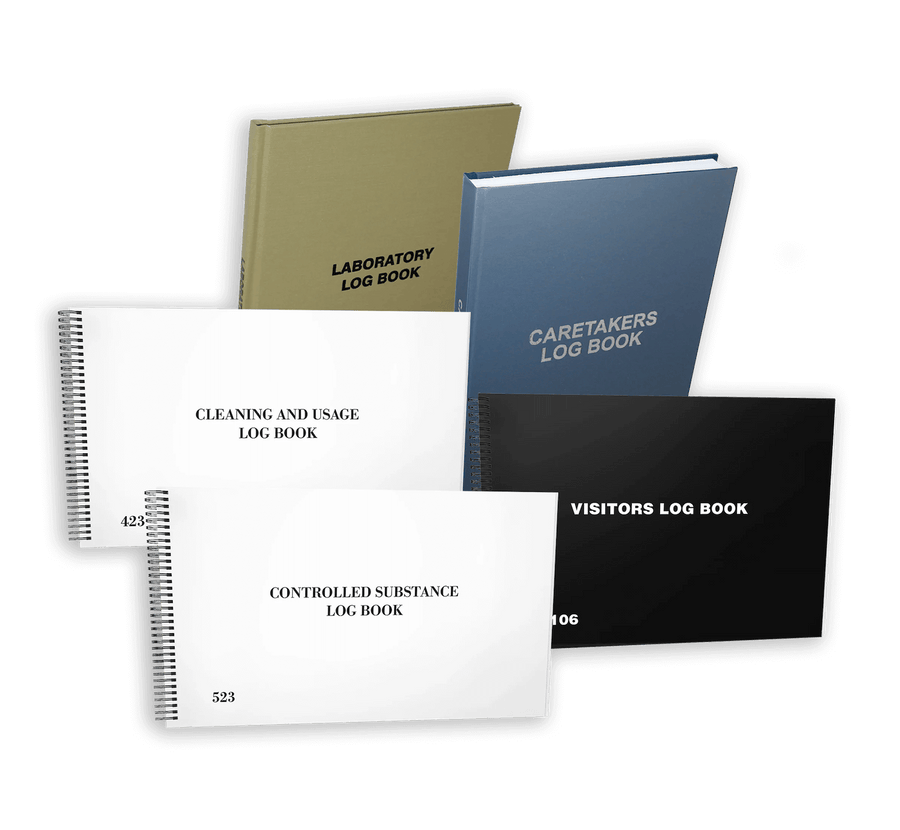 Assorted pharmaceutical log books with different color covers.
