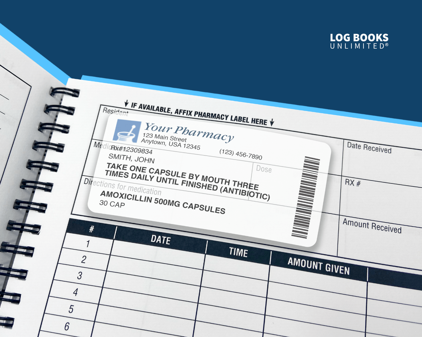 Inside page view of a custom pharmacy log book