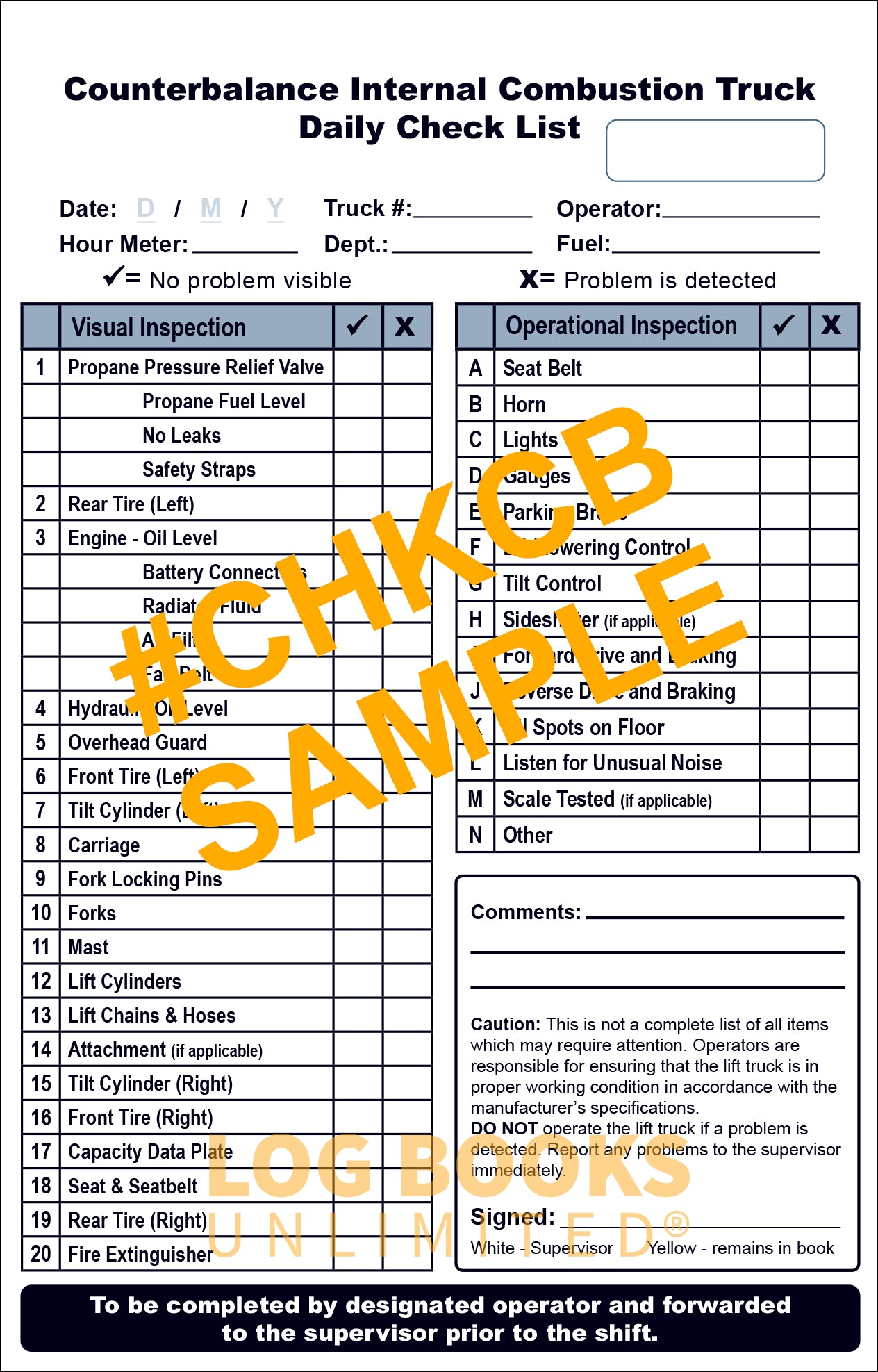 Internal Combustion (Propane) Counterbalance Truck Checklist + Plastic Caddy # SCADD(CB)