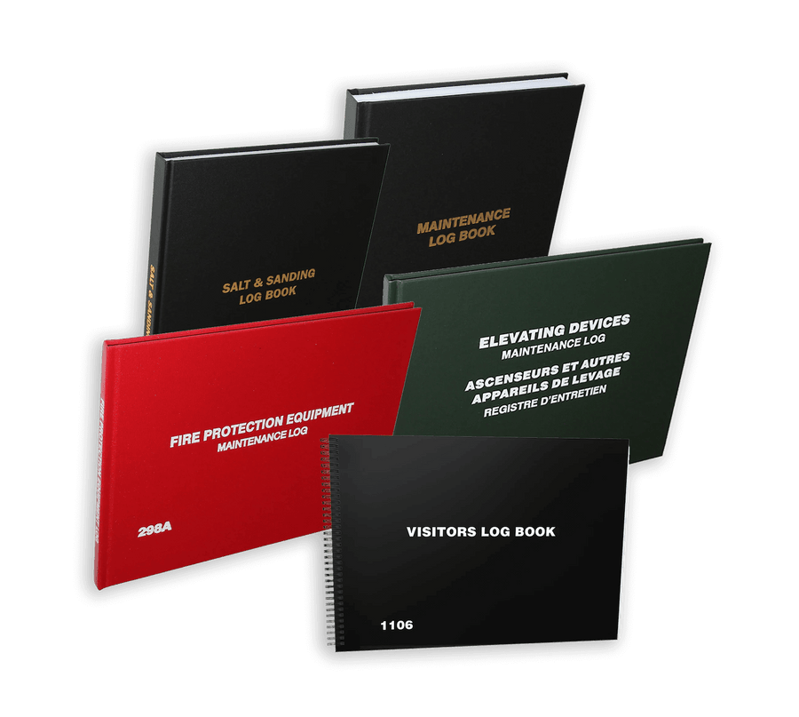 Property management log books in assorted colors.