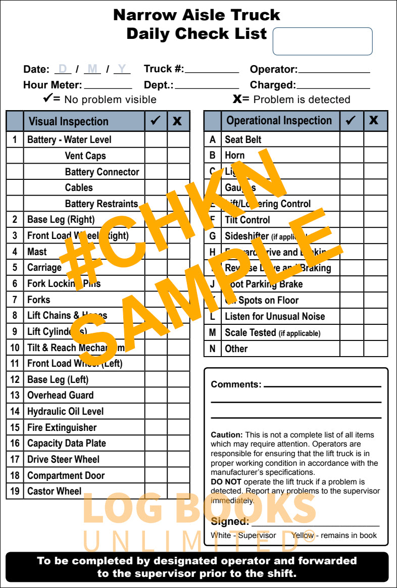 Reach and Order Picker (Narrow Aisle) Lift Truck - Replacement Checklist # CHKN Sample Page
