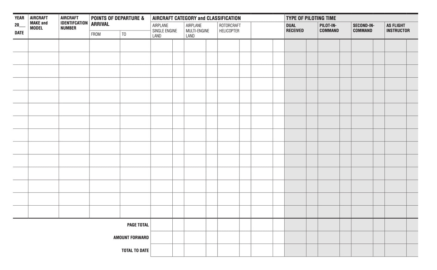 the inner view of a pilot log book sheet.