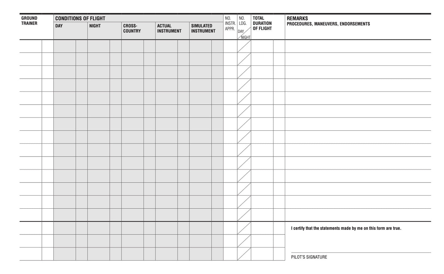 the inner view of a pilot log book sheet.