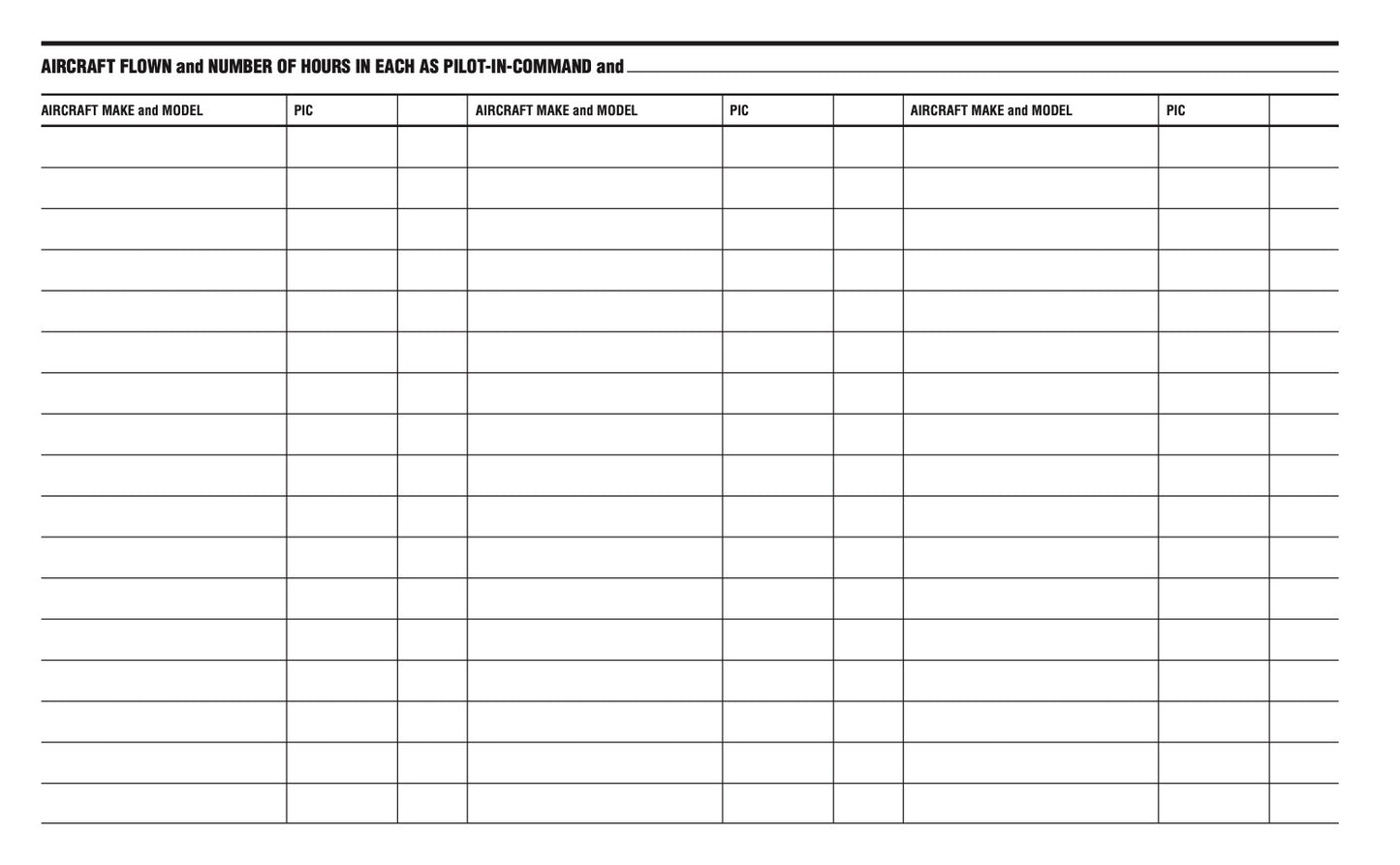 the inner view of a pilot log book sheet.