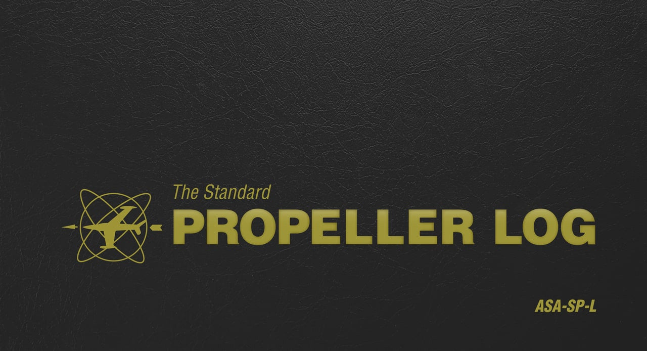 a black log book with gold lettering saying 'the standard propeller log'