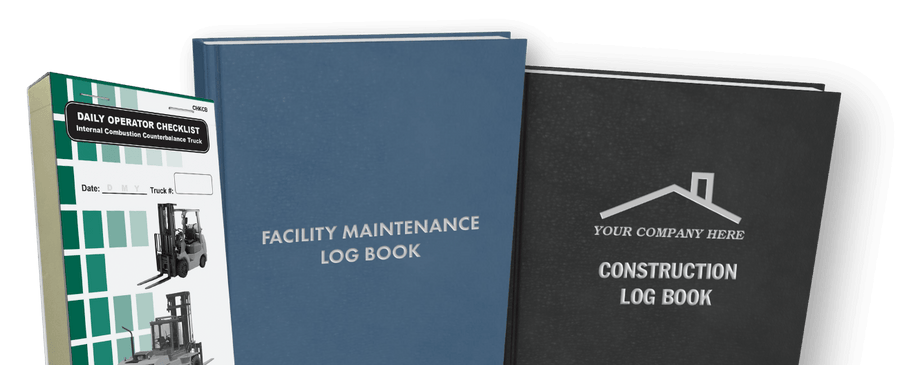 A blue facility and black construction log book.