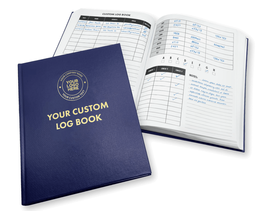 Your custom log book title on a blue cover log book.