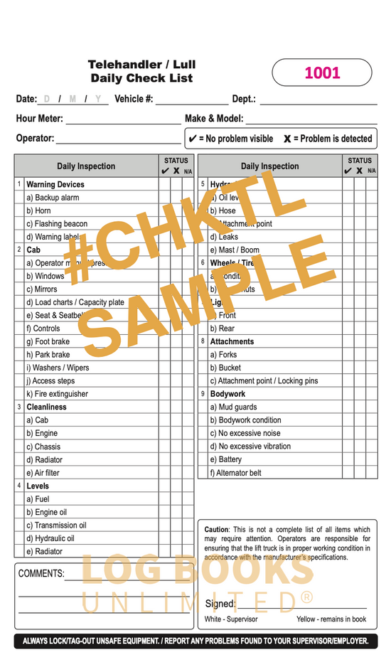 Telehandler/Lull Forklift - Replacement Checklist #CHKTL – Log Books ...
