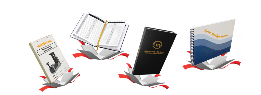 4 Custom Log Books with a red ribbon under each.