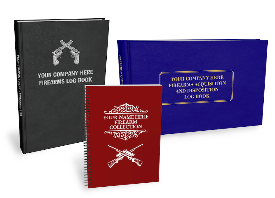 Three customizable firearms log books in different styles. 
