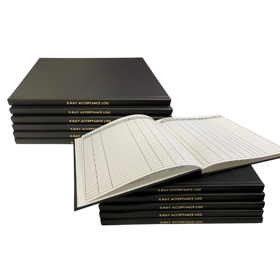 a stack of black custom log books