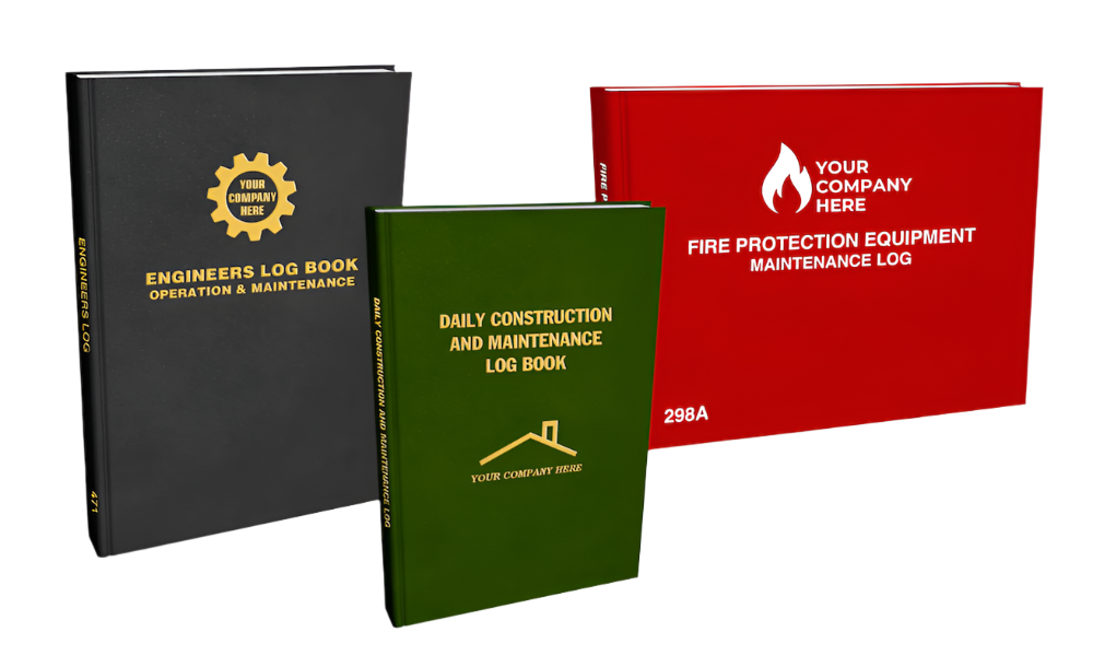 3 Types of Log Books - Showcasing that Log Books Unlimited can include Your Company Logo on the front Cover