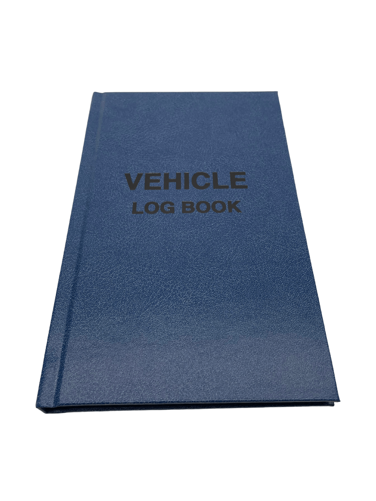 a blue log book with black text stating "vehicle log book"