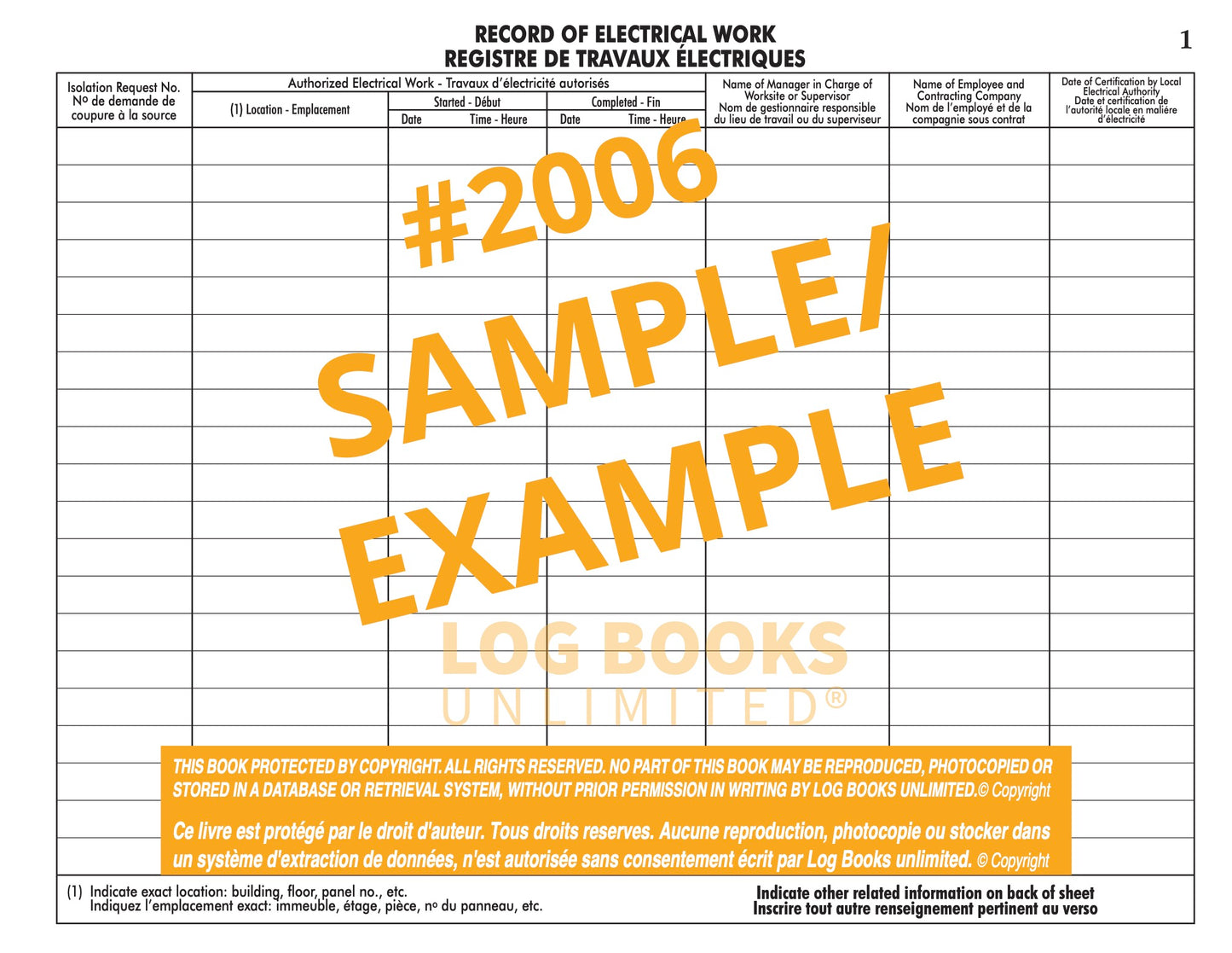 Record of Electrical Work Log Book (Bi-lingual) #2006