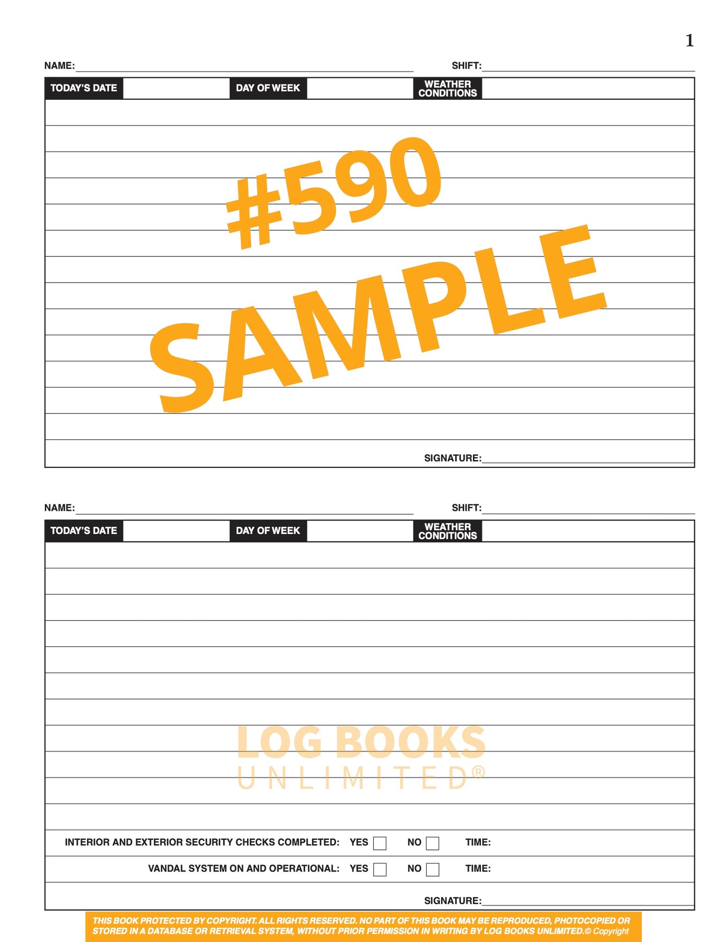 Caretakers (Custodians / Facilities) Log Book #590 Sample Page