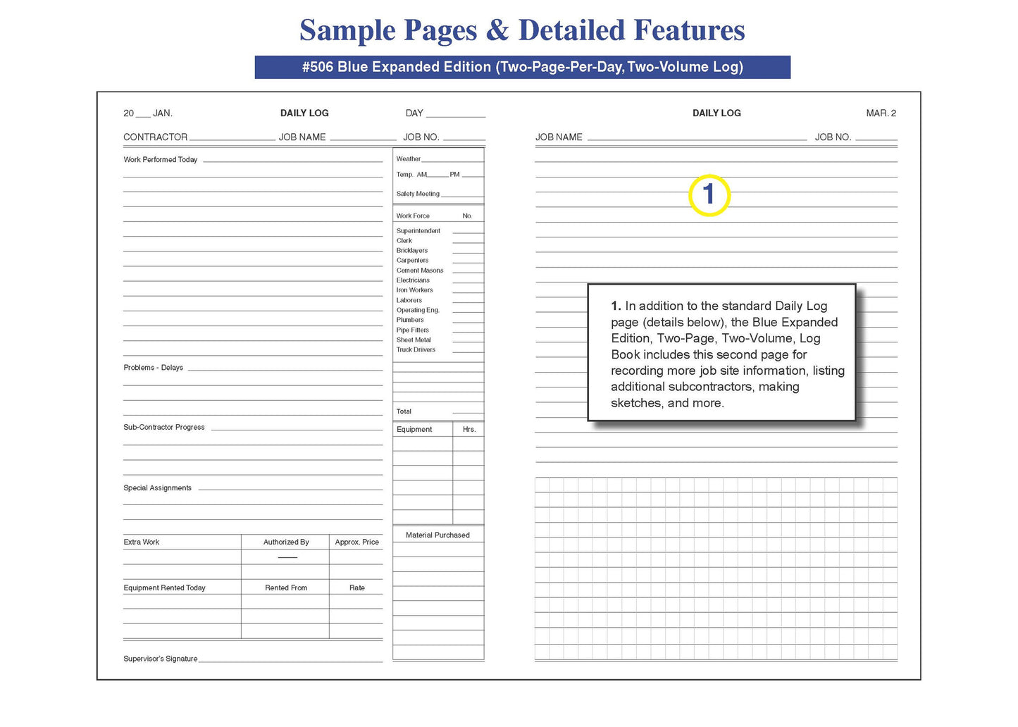 Construction & Maintenance (2 Volume Set) Daily Log Book #506 Sample Pages