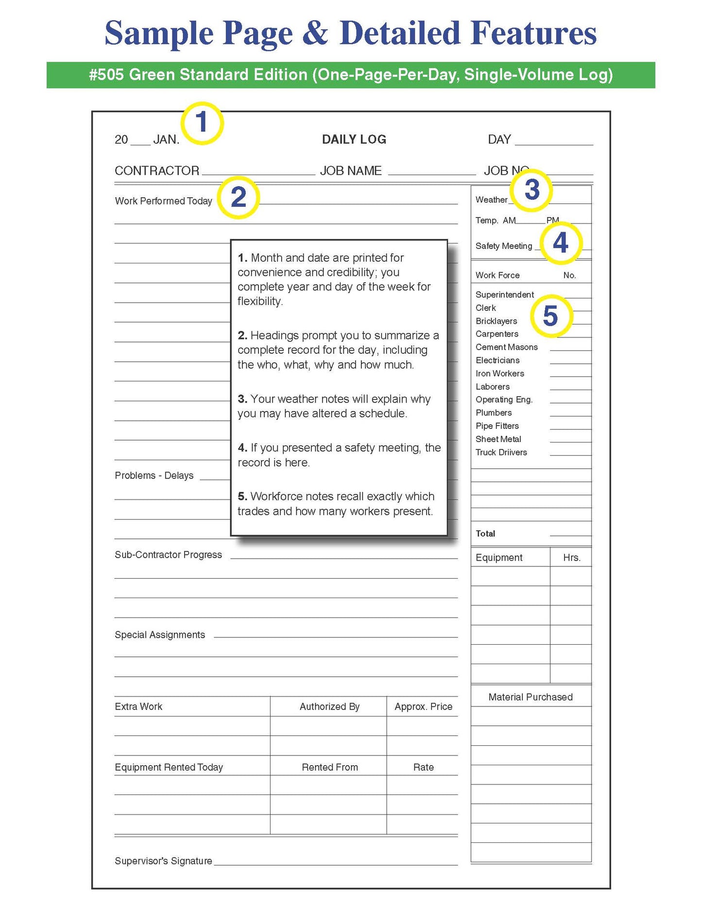 Construction & Maintenance Daily Log Book #505 Sample Page