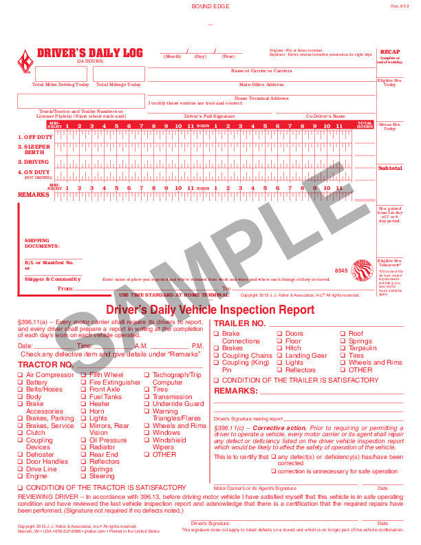 Driver's Daily Log Book (Detailed DVIR & Simplified Recap - Carbonless) #8545(717-L) Sample Page