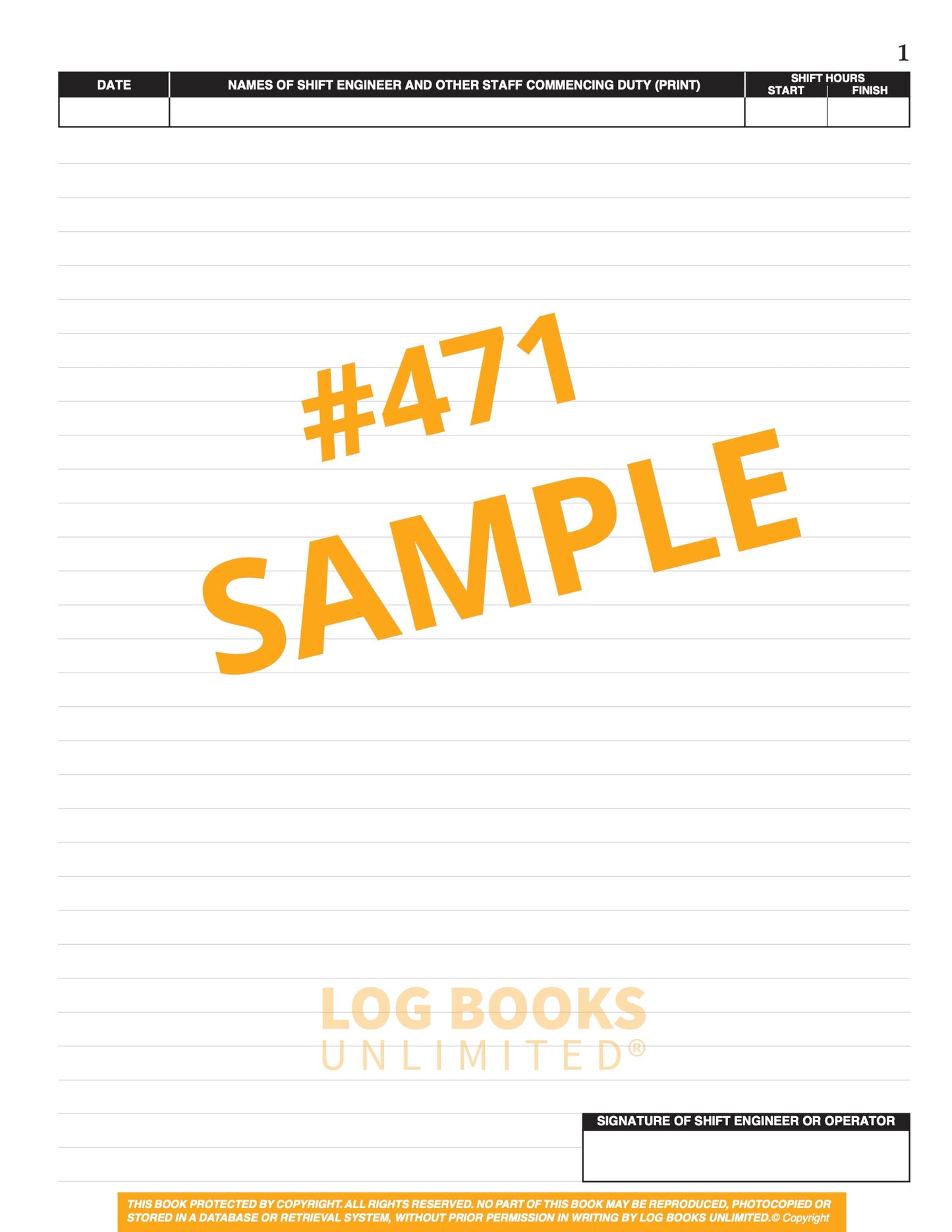 Engineers (1 Shift per page) Log Book #471 Sample Page