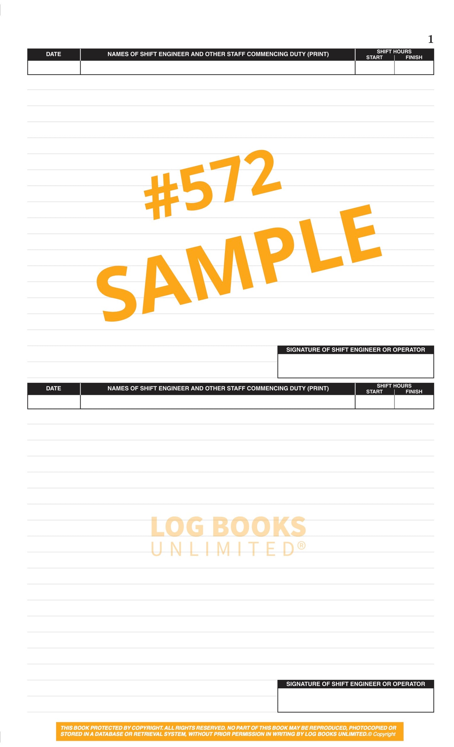 Engineers (2 Shifts per page) Log Book #572 Sample Page