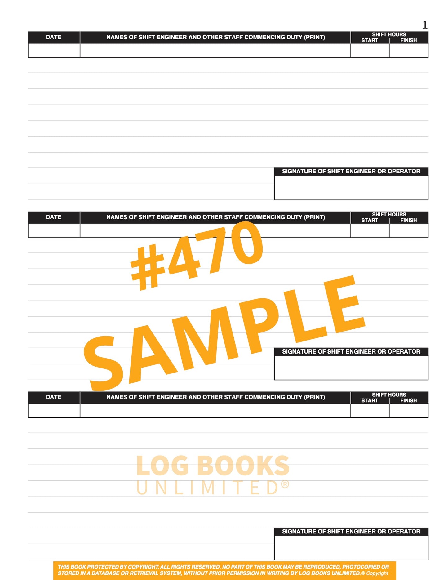 Engineers (3 Shifts per page) Log Book #470 Sample Page
