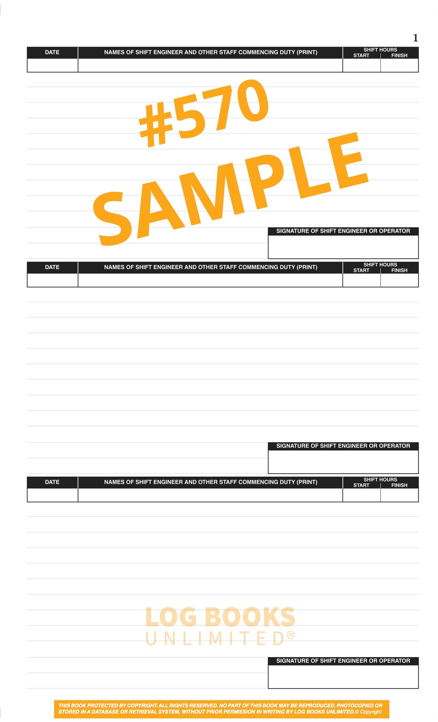 Engineers (3 Shifts per page) Log Book #570 Sample Page