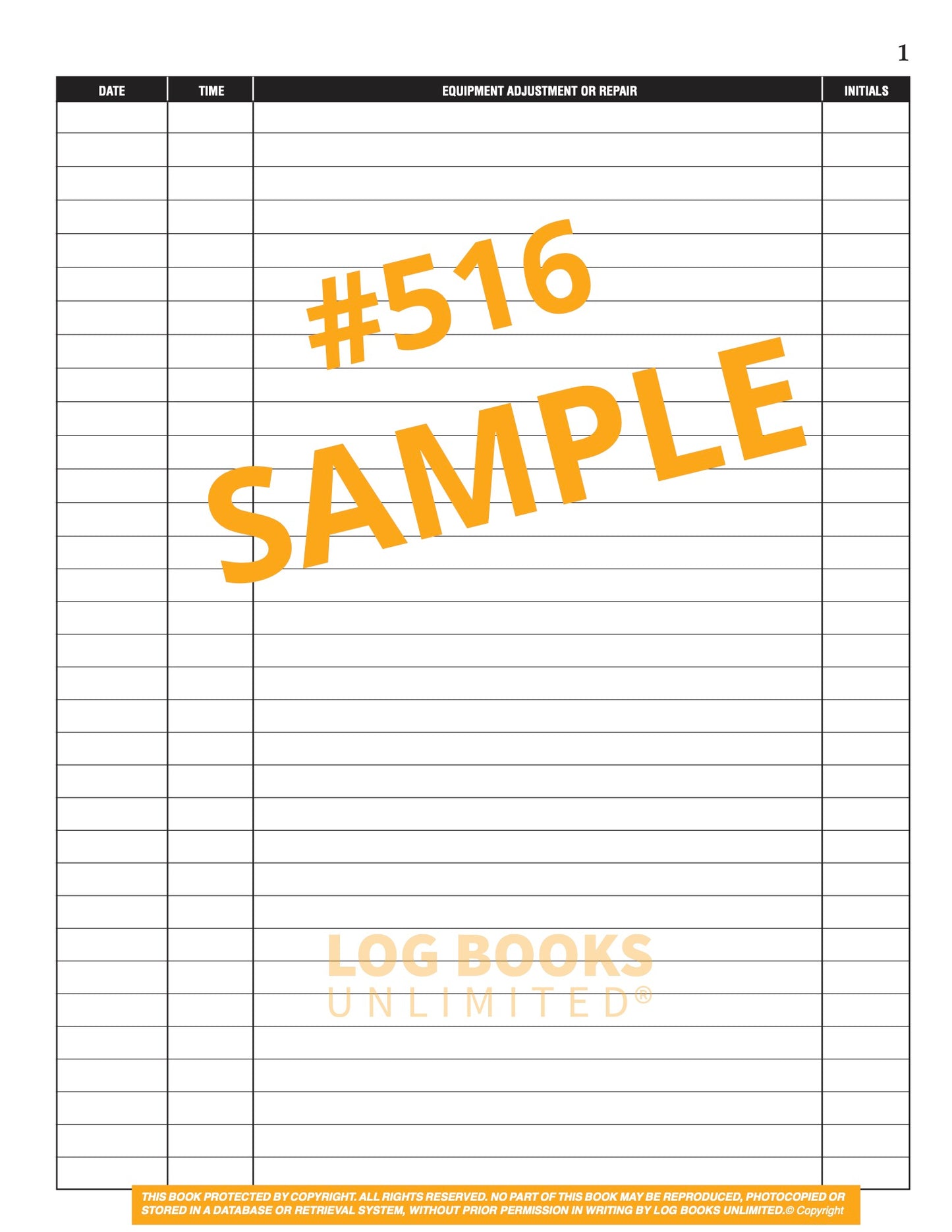 Equipment Maintenance Log Book #516 Sample Page