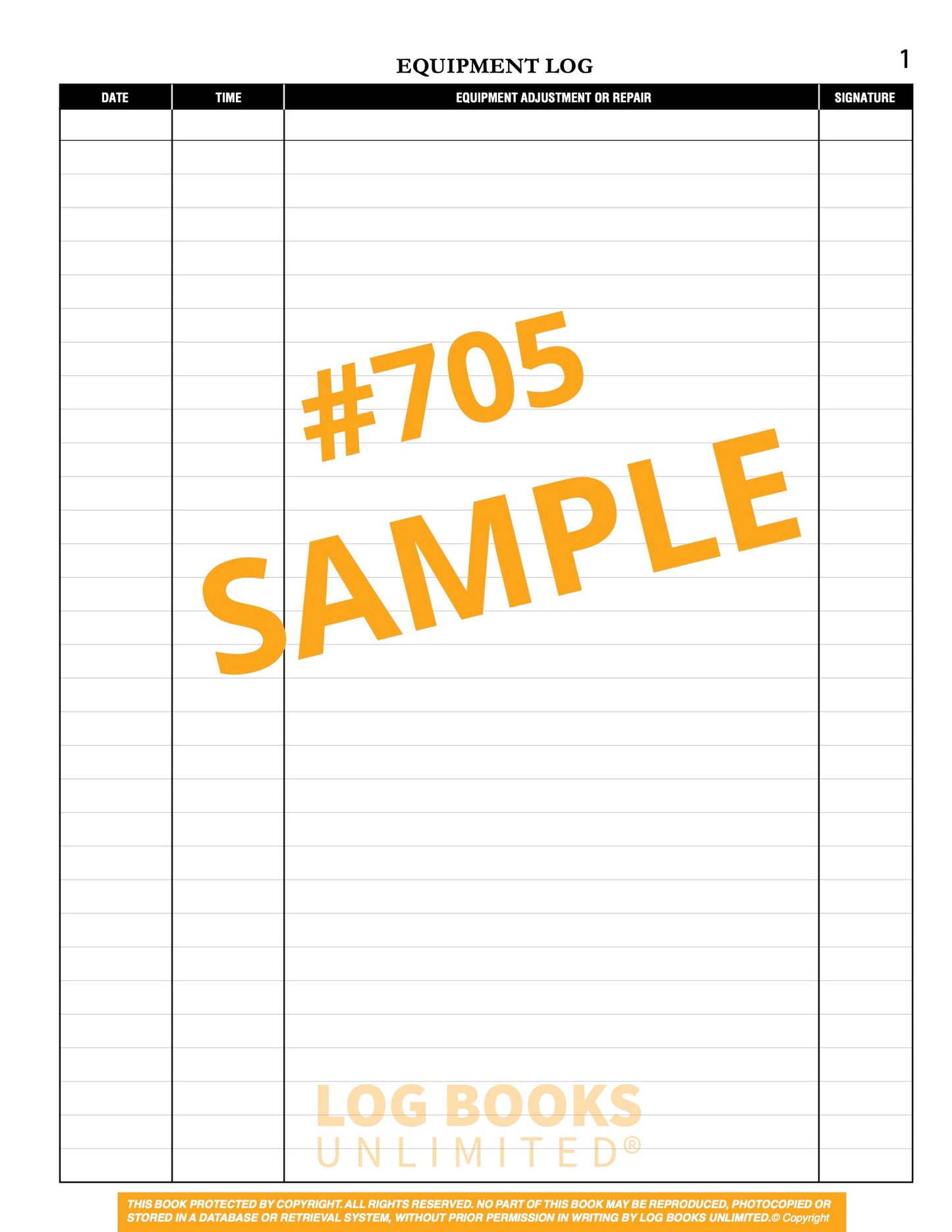 Equipment Maintenance Log Book #705 Sample Page