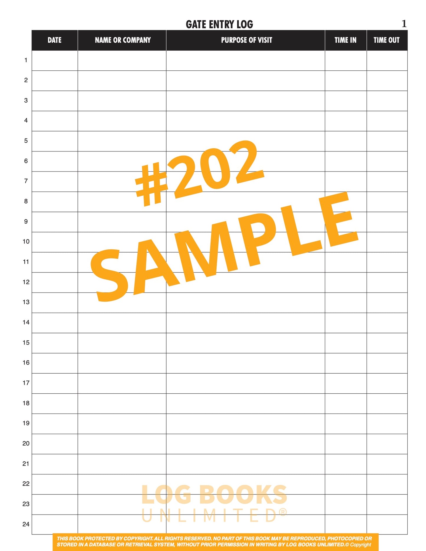 Gate Entry Log Book #202 Sample Page