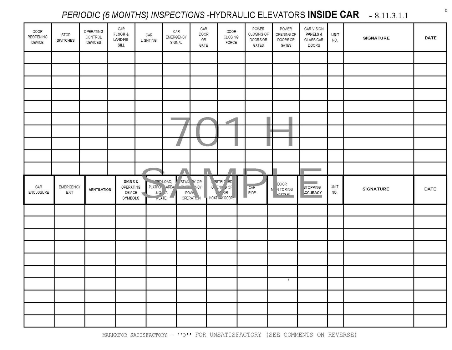 Hydraulic Elevator Maintenance Log Book #701H Sample Page