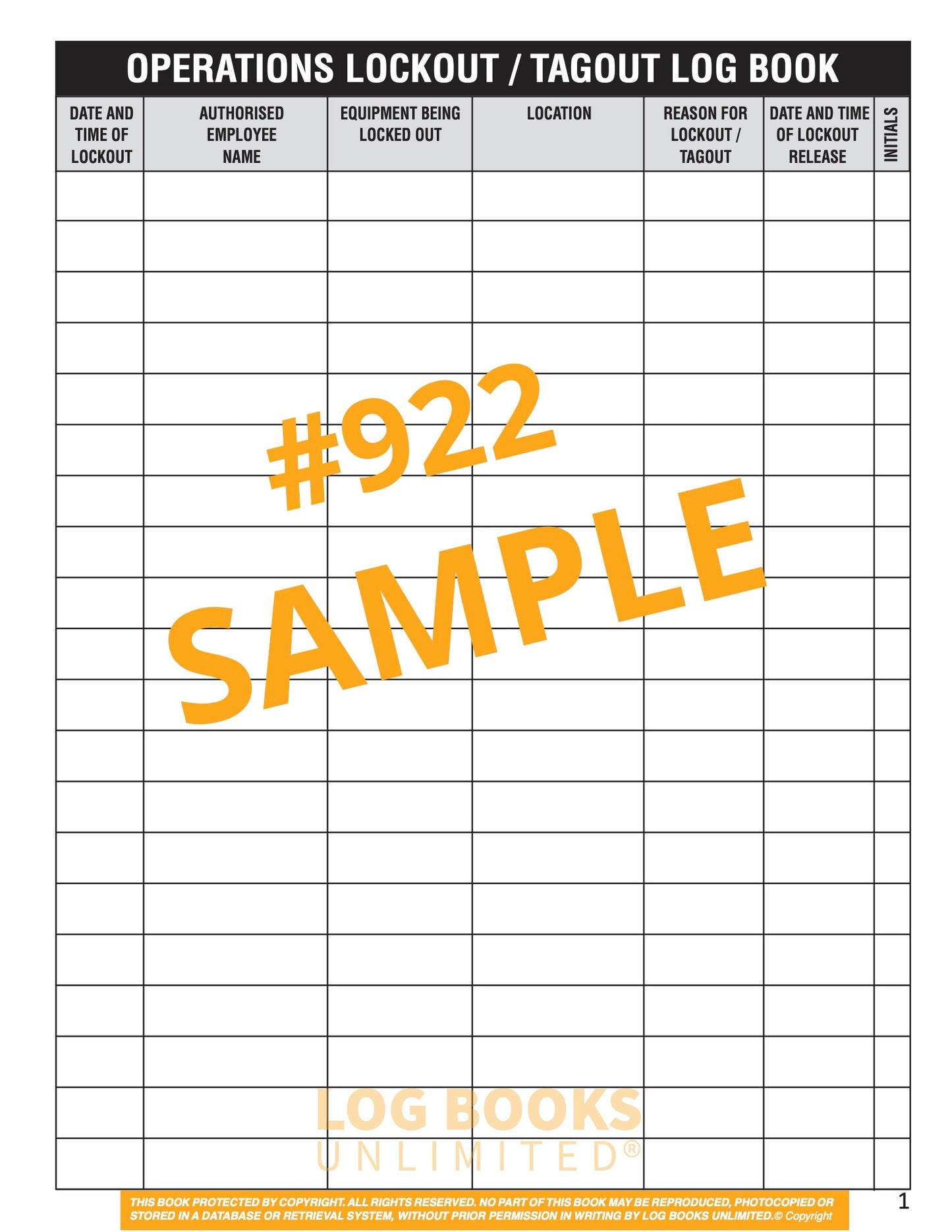 Lockout / Tagout Log Book #922 Sample Page
