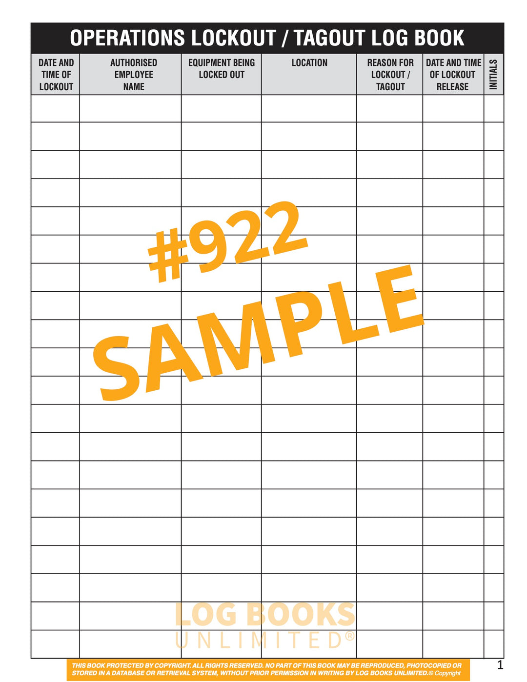 Lock-Out / Tag-Out Log Book #922 – Log Books Unlimited