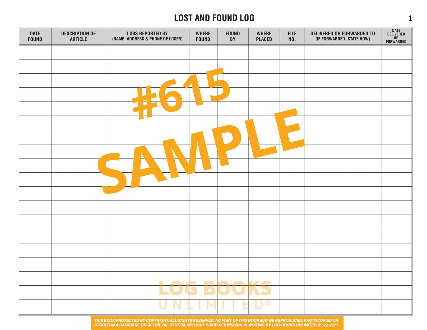 Lost and Found Log Book #615 Sample Page