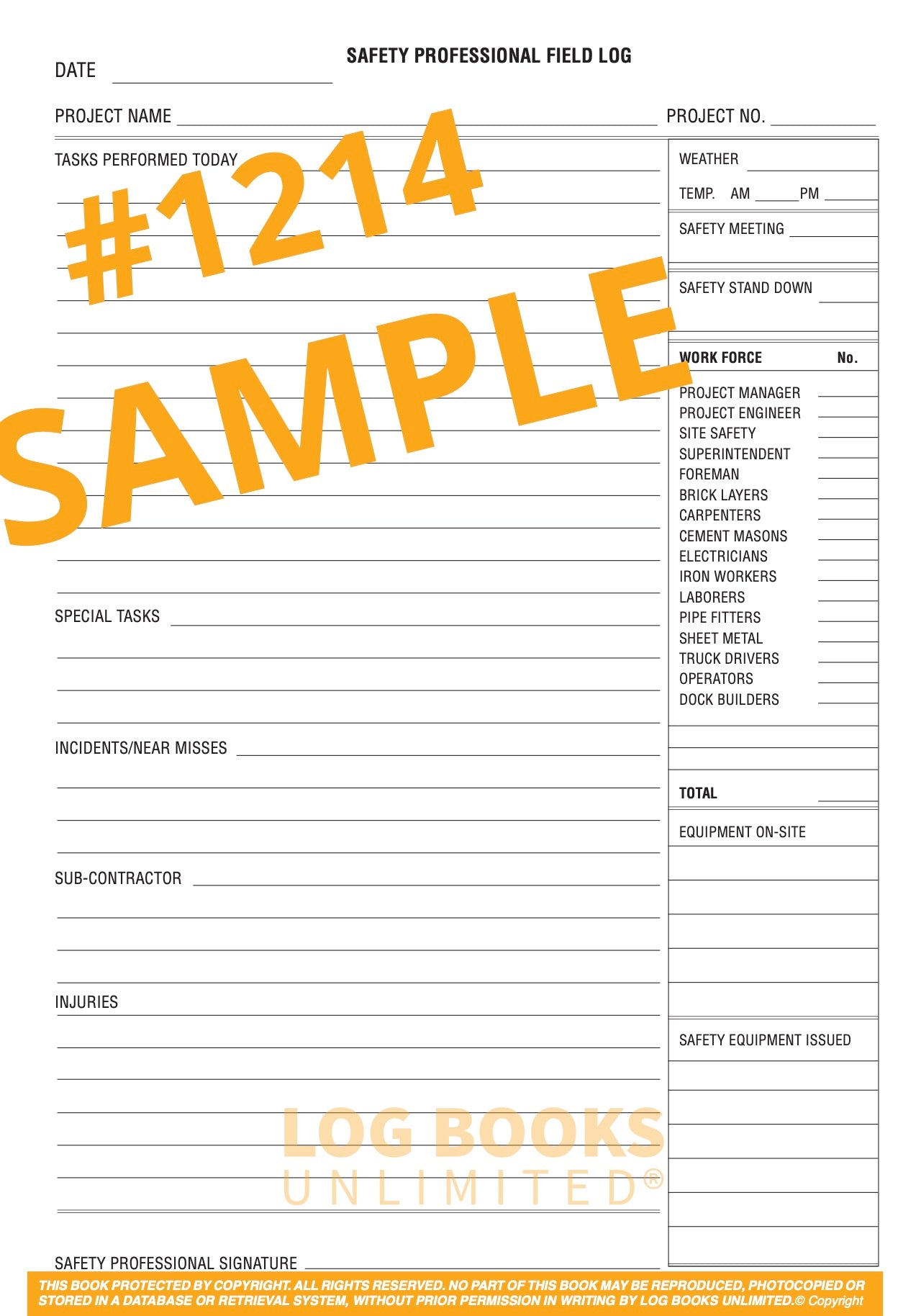 Safety Professional Field Log Book #1214 Sample Page Front
