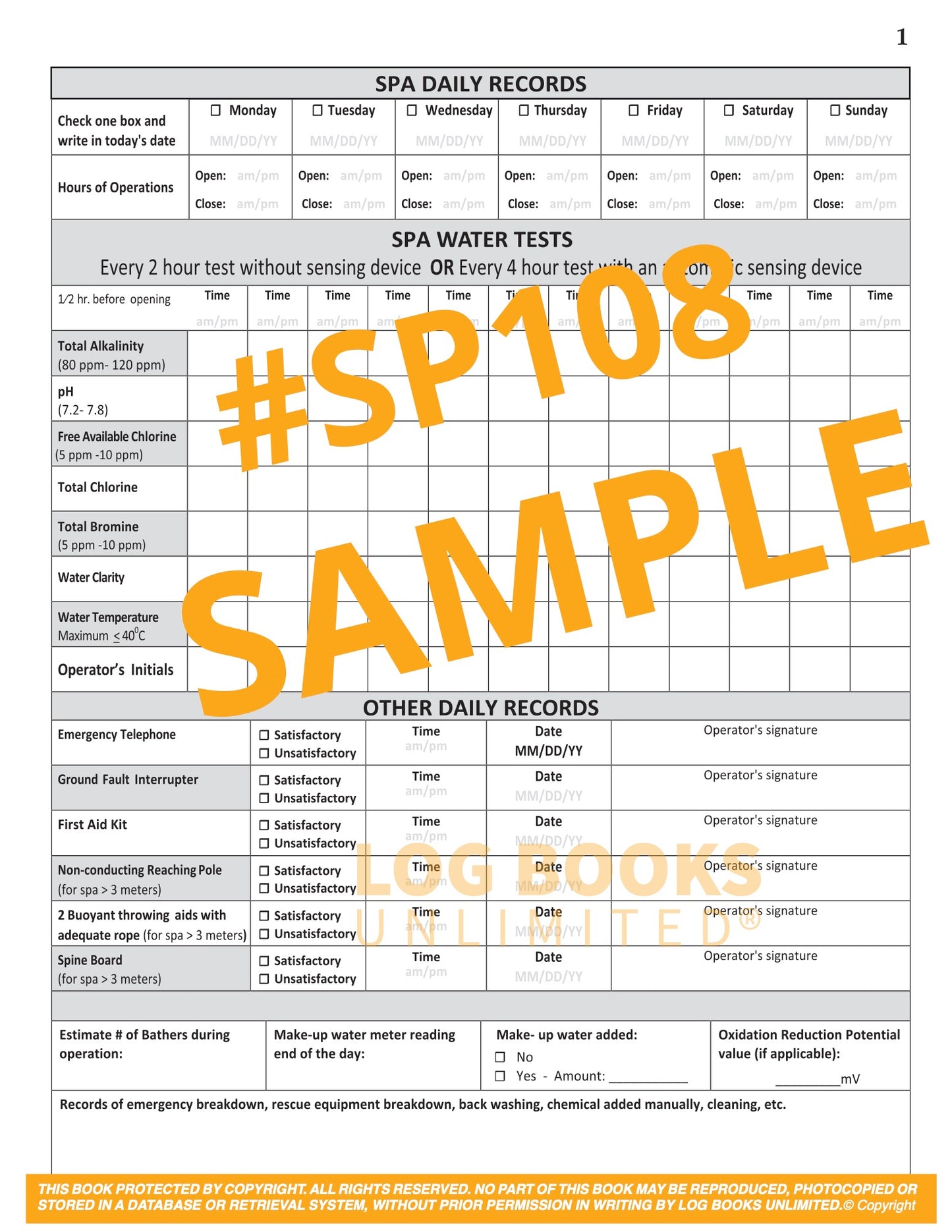 Spa Log Book #SP108 Sample Page