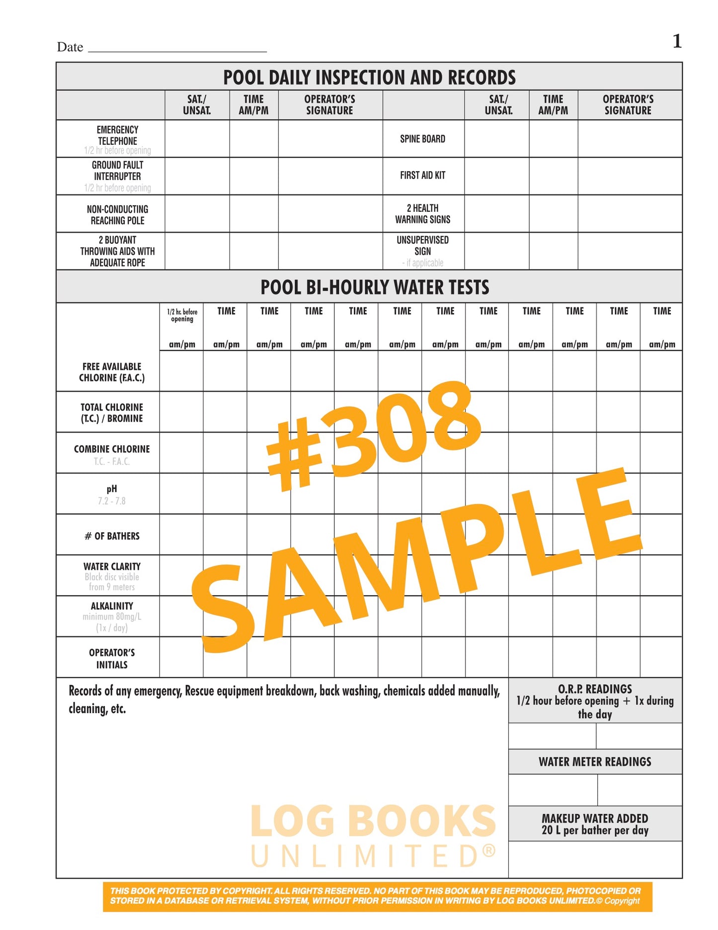 Swimming Pool Log Book #308 Sample Page